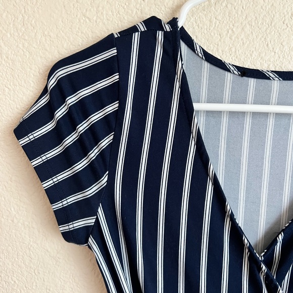Flirty Faux Wrap Striped Dress Navy Blue and White - Picture 2 of 6
